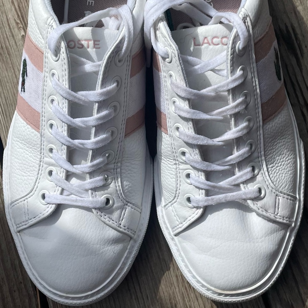 Women's LaCoste Powercourt Graphic Leather Sneakers Sz 6.5 - Picture 5 of 14